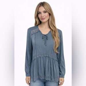 Knox Rose Boho Lace Peplum Top Tie Neck Flowy Blouse Blue Size Large